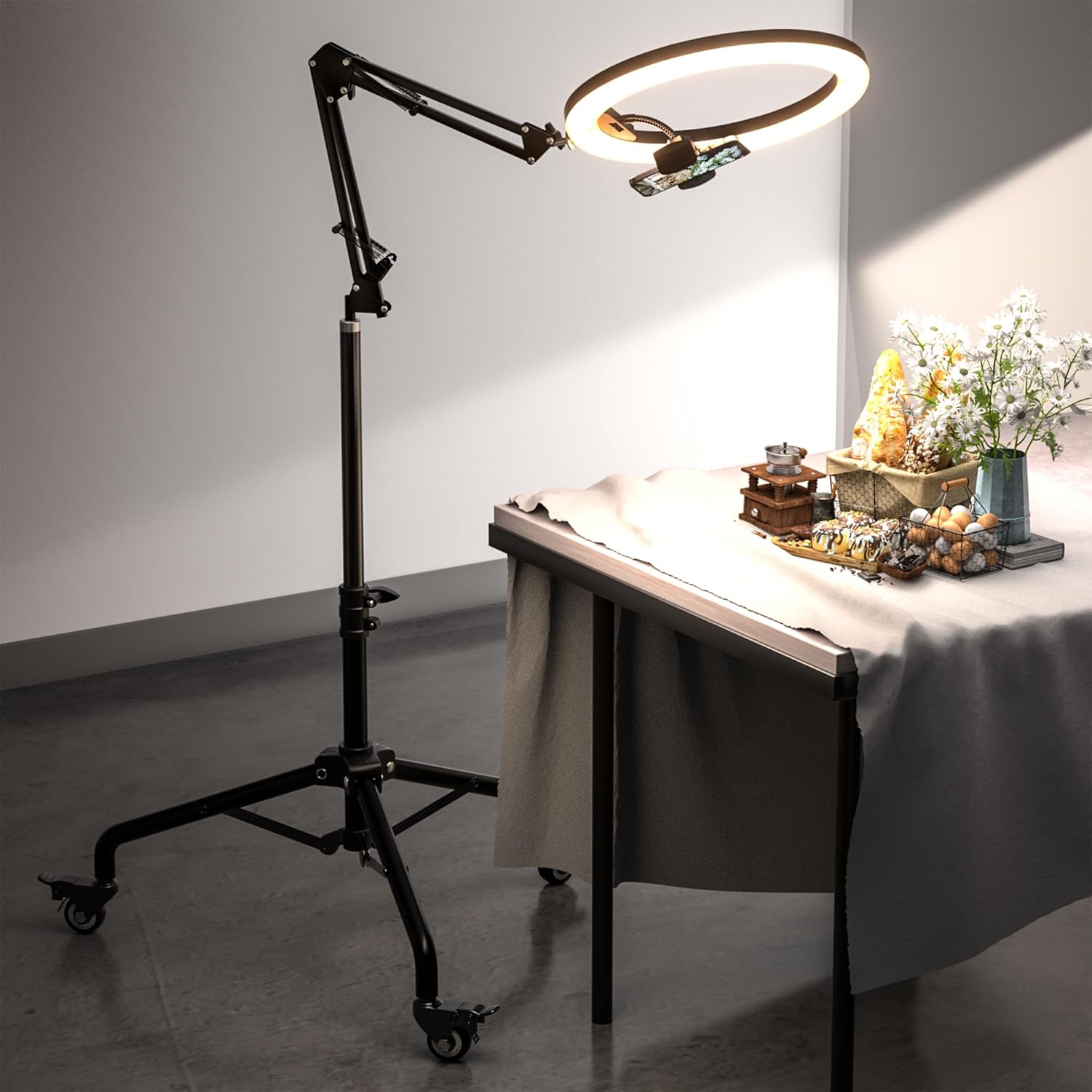 UBeesize Pro LED Ring Light Tripod with Phone Holder & Casters, Adjustable Overhead Phone/Camera Mount for iPhone, Video Recording, Live Streaming, Cooking (Mobile Stand with Light & Tripod)