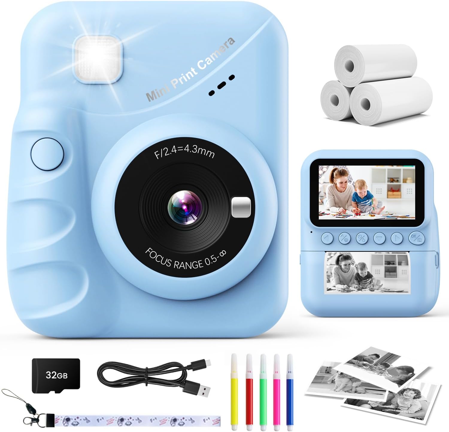 Kids Camera Instant Print, 3.0'' Screen 48MP Photo Instant Camera for Kids with 32GB Card, 1080P HD Digital Child Printable Toy, Gift for 3-12 Year Old Girls Boys