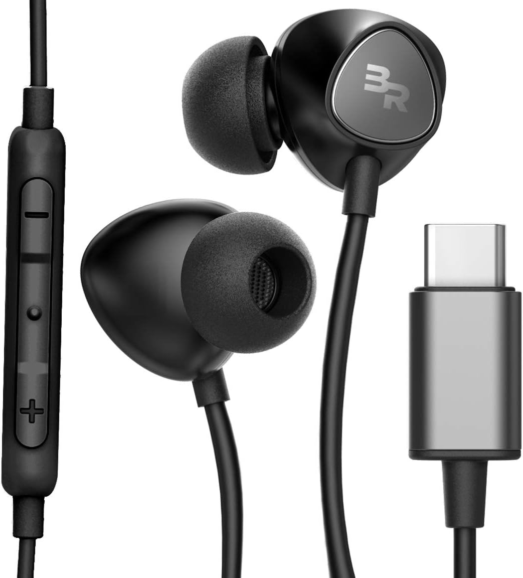 Thore Type C Headphones, in-Ear Wired Earbuds with Microphone & Volume Control Mic Earphones for Samsung Galaxy S25 Ultra/S24/S23/S22/S21 Plus/FE, Pixel Black (USB-C Connection)