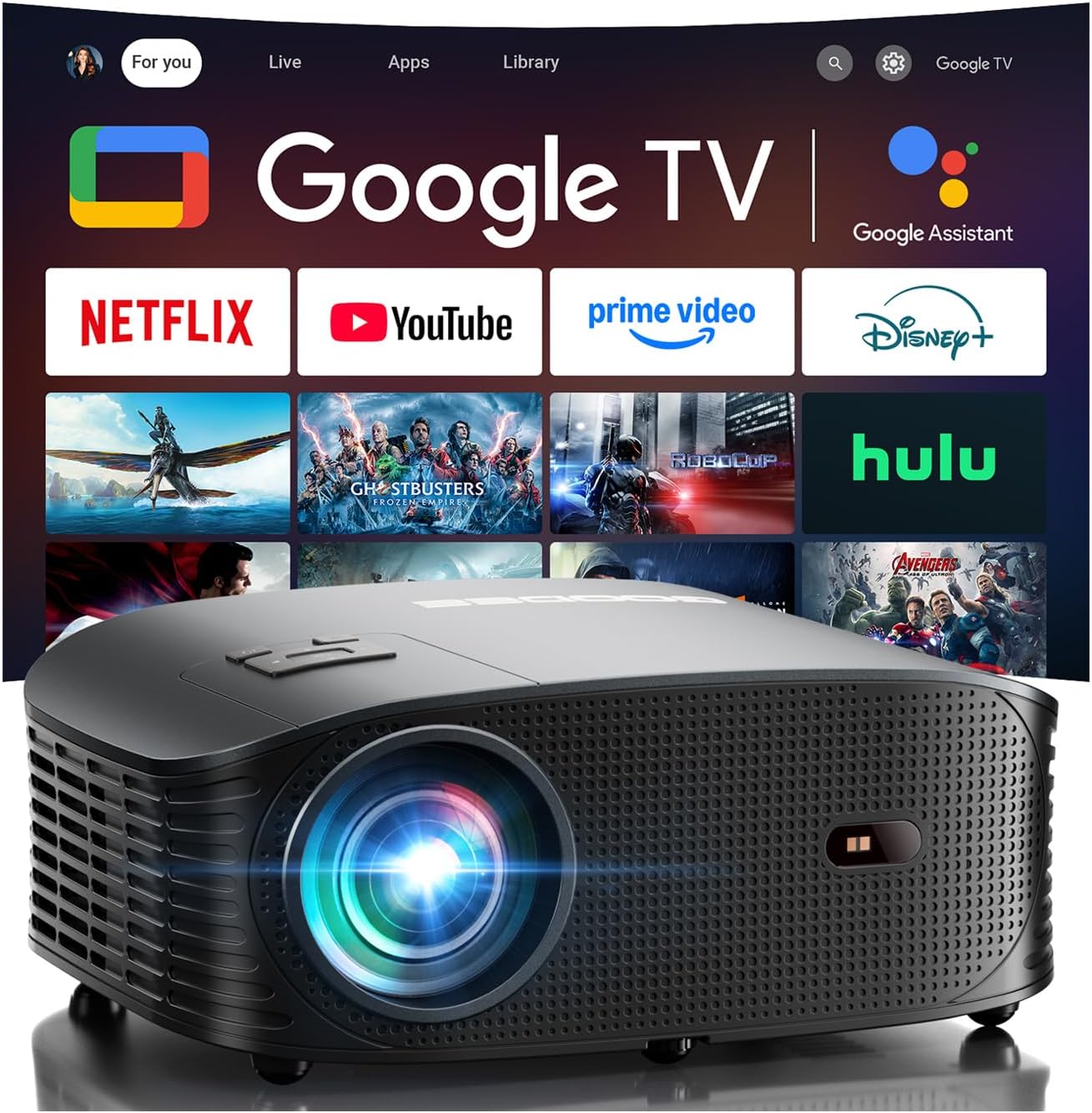 GOODEE 4K Mini Smart Projector with WiFi and Bluetooth - 【Official Licensed Google TV】 Compatible with Netflix/YouTube/Prime Video/Dolby Audio/Auto Focus, Portable Movie Projectors for Outdoor/Indoor