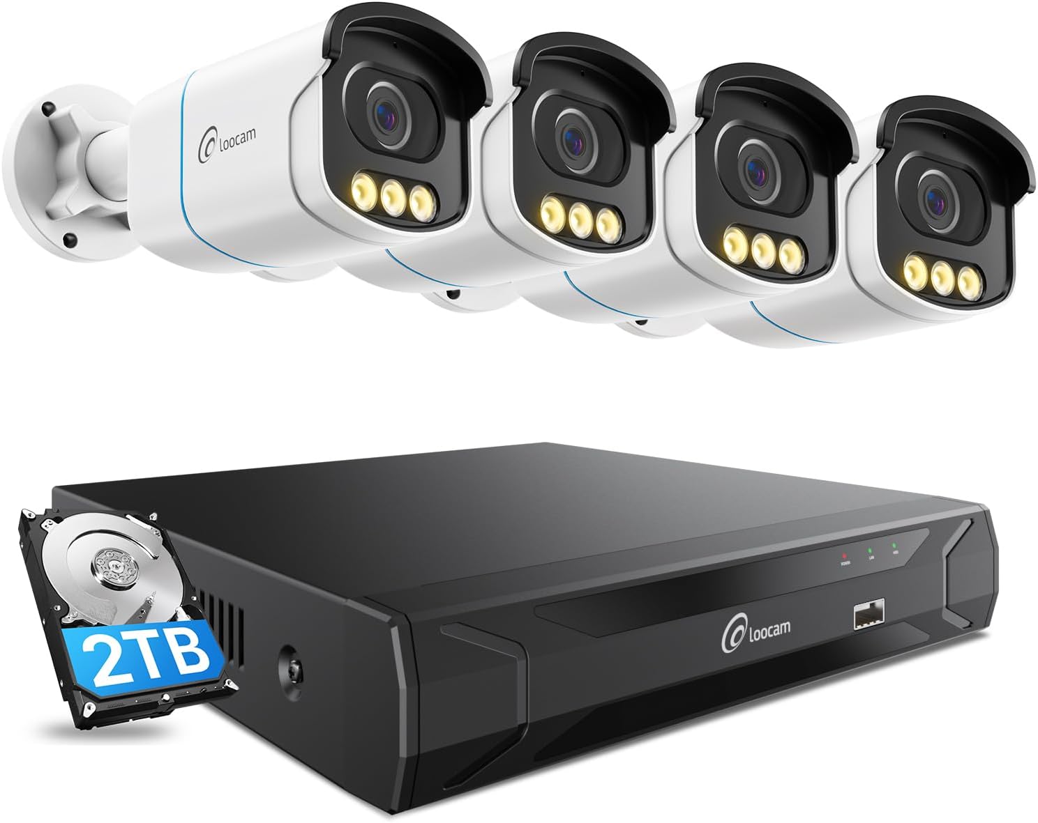 Loocam Wired Security Camera System Color Night Vision, 5MP PoE Camera System 4pcs, AI Human Vehicle Detect, Spotlight Siren Alarm, 2 Way Video, H.265+ 8CH NVR & 2TB HDD for 24/7 Recording