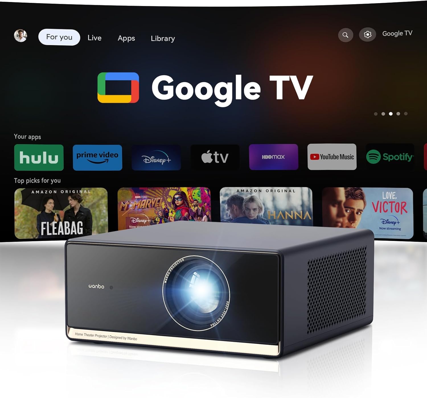 Wanbo X5 Pro Google TV Smart Projector with Wi-Fi & Bluetooth, 4K Supported, 1100 ANSI Outdoor & Home Movie Projector, Auto Focus & Keystone, HDMI 2.0, Voice Control, HDR10 (2025 Upgrade)