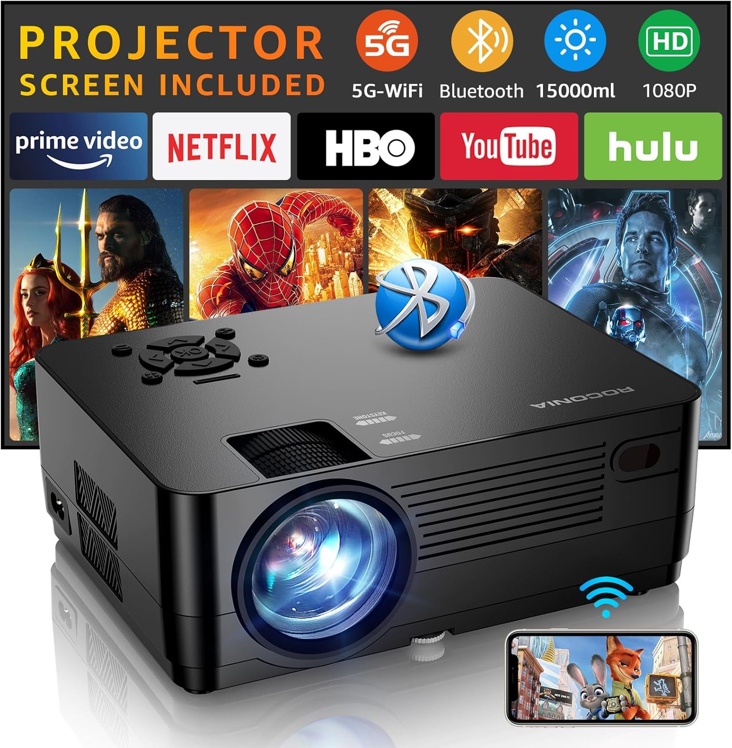 Projector with 5G WiFi and Bluetooth, Native 1080P Projector[Projector Screen Included], Full HD 18000LM Movie Projector, 100