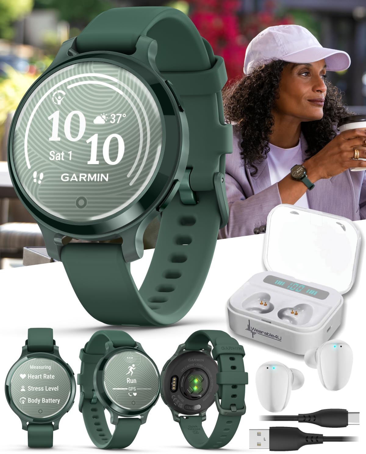 Wearable4U Garmin Lily 2 Active, Jasper Green with Jasper Green Silicone Band, Smartwatch, Built-in GPS, Hidden Display, Patterned Lens, Up to 9 Days Battery Life w White Earbuds Bundle