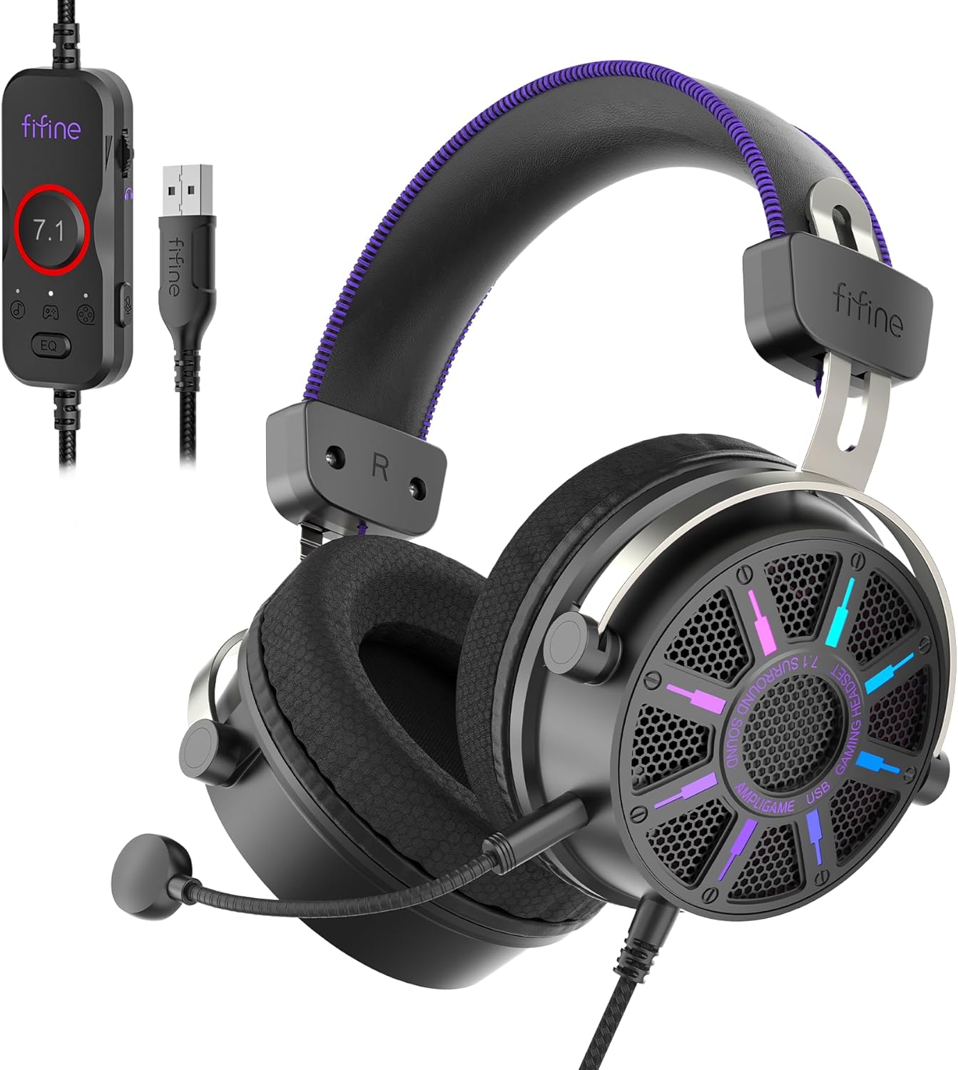 FIFINE Wired Open Back Gaming Headset, Open Acoustic Audio,Customizable RGB,USB in-Line Control, 7.1 Surround Sound, Over-Ear Gamer Headphone with Detachable Mic for PC PS5/PS4, Laptop, Mac - H19BP
