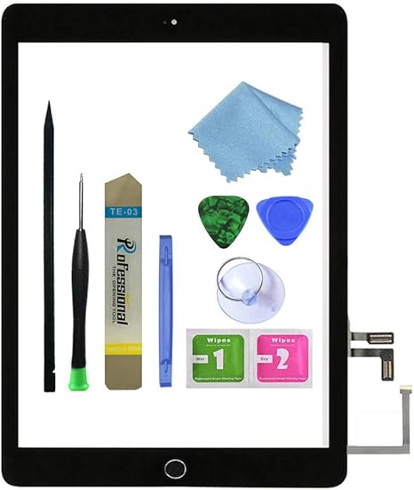 for Black iPad 5 2017 9.7 inch （A1822, A1823） Touch Screen Digitizer Assembly Replacement with Home Button, Camera Bracket, Pre-Installed Adhesive, Tool Repair Kit