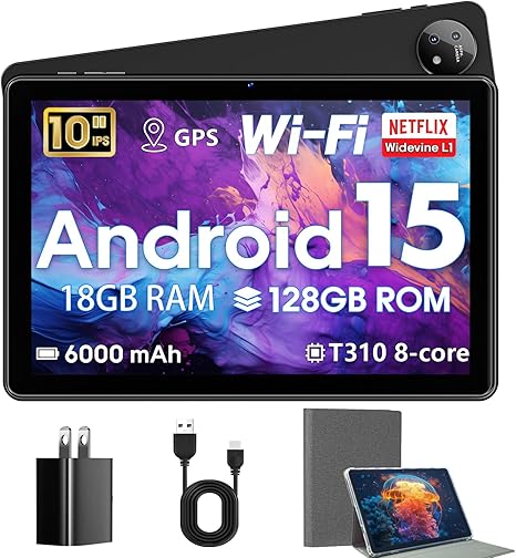 Tablet 10 Inch,Android 15 Tablets with Case,18GB+128GB,1TB Expand,Widevine L1 Compatible Octa-Core Tablet with WiFi 5,6000mAh,T310 CPU,High Performance,Processor,Dual Camera(5MP+8MP)