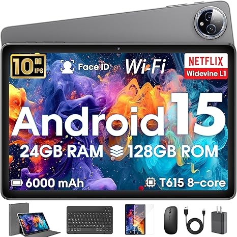 Android 15 Tablet 10 inch,24GB RAM 128 ROM,Tablets with Keyboard Case Mouse Stylus,1TB Expandable,Octa-Core 6000mAh 1280x800 IPS HD,WiFi,T615 CPU,High Performance,Processor,Dual Camera(Gray)