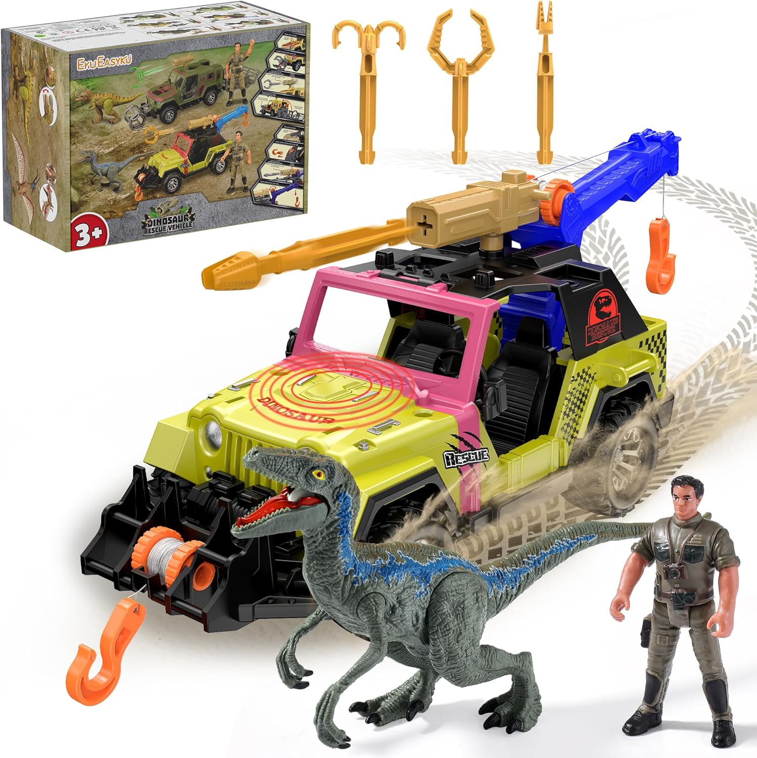 EKU Dinosaur Toys Tow Truck with Human Figure, 10 Realistic Sounds, 15ft Launch, Chomping Velociraptor Dinosaur for Jurassic World Role Play Adventure...
