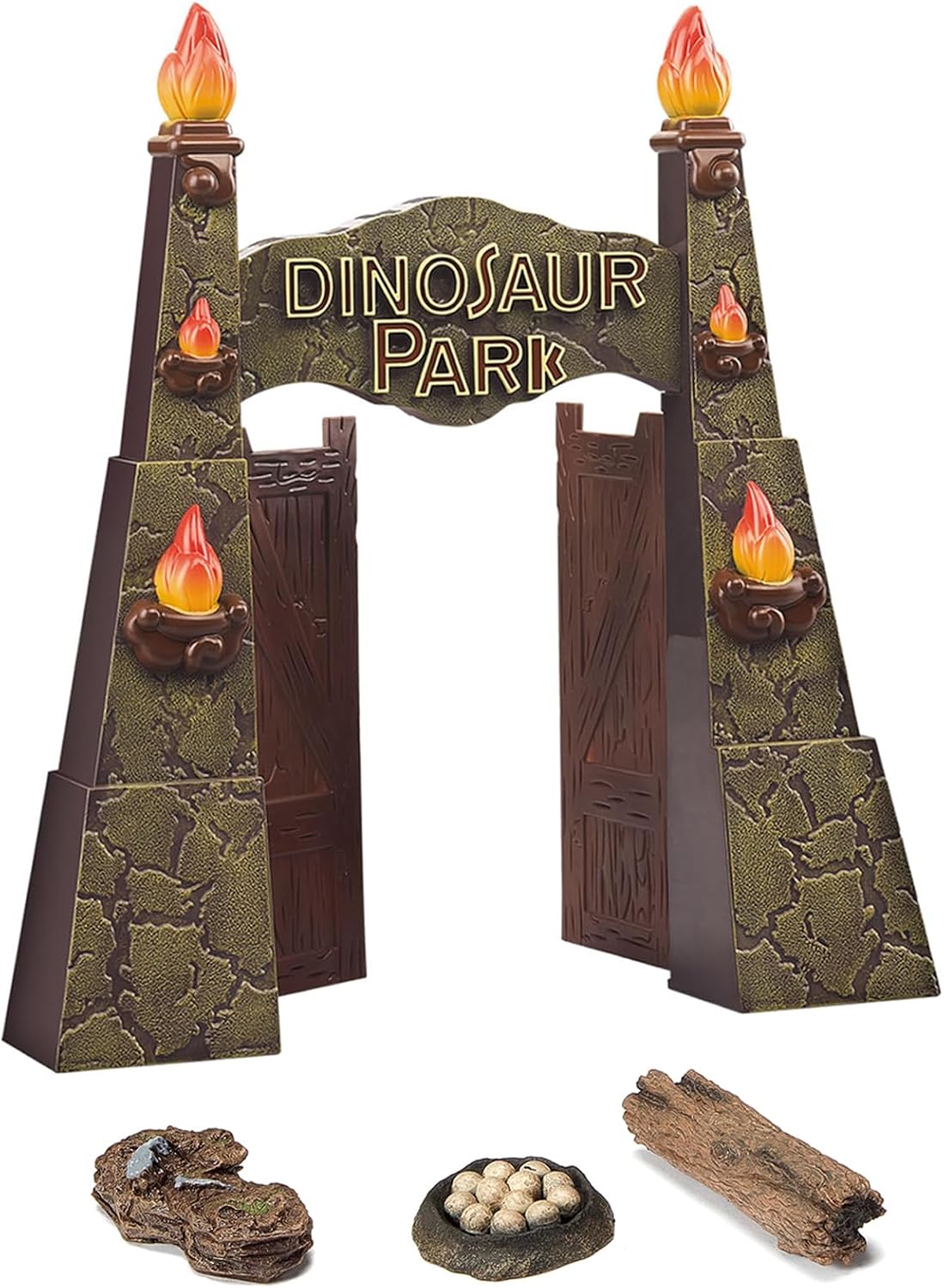 EKU EASYKU 12inches Realistic Dinosaur Park Gate with Log, Nest of Eggs, Stone, Great Addition to Dino Toys, Truck or RC Dinosaur Toys