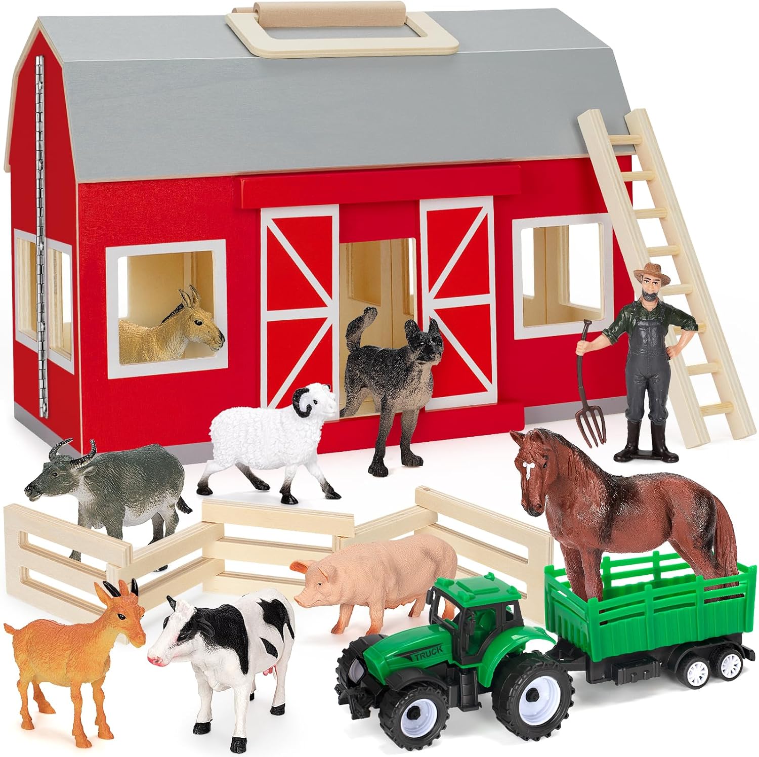 YEEBAY Farm Animals Toys for 3+ Year Old Kids Toddlers Girls Boys, Large Wooden Barn with Animal Play Figures, Farm Playset Educational Learning Toys, Ideal...