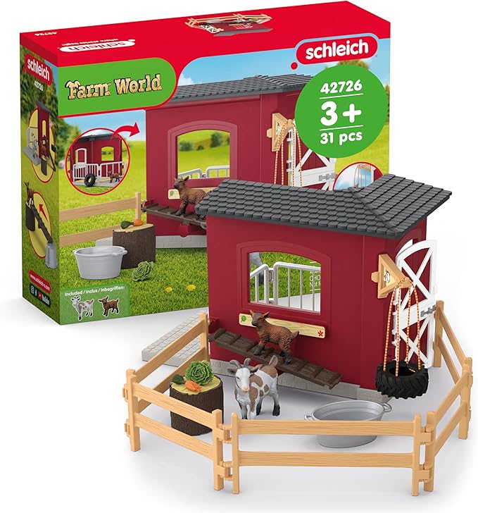 Schleich Farm World – 31PC Goat Stable Playset with 2 Goat Figures and Accessories – Farm Animal Toys for Boys and Girls – Pretend Play Barn Toy for Imaginative Play - Toddlers, Kids Ages 3+ | 42726