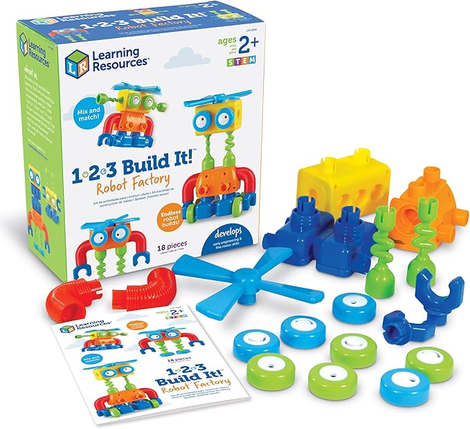 Learning Resources 1-2-3 Build It! Robot Factory - Building Toys, Early Engineering and Science, STEM Activities, Fine Motor Skills, Toddler Explorer Kit, Construction Bots, Boys and Girls Gifts