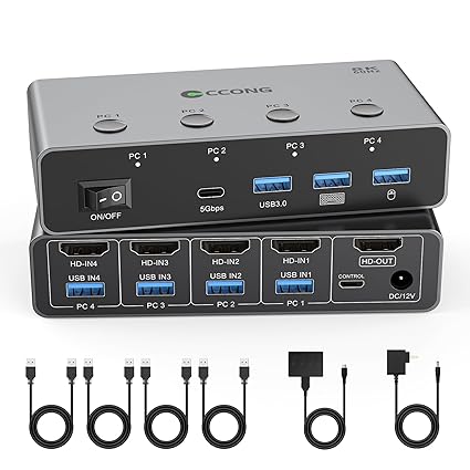 5G USB3.0 HDMI KVM Switch 4 Computers Share 1 Monitor, KVM Switches 4 Port with 3 USB 3.0 and 1 USB C Ports Share Monitor Keyboard Mouse Printer, with 4 USB 3.0 Cables and Extended Controller