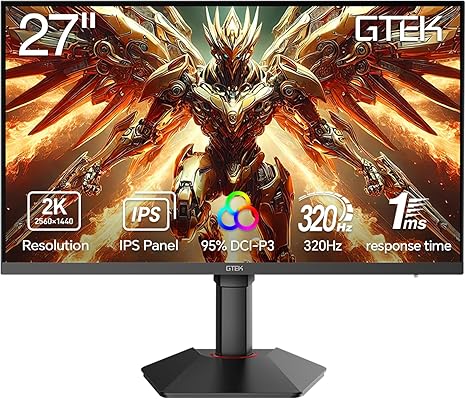 GTek 27 Inch 320Hz Gaming Monitor, QHD 2560x1440 IPS Computer Display, Ultra-Smooth 1ms, HDMI 2.1 & DisplayPort 1.4, FreeSync, Height Adjust, 95% DCI-P3, Low Blue Light for Gaming and Steaming