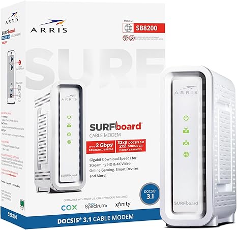 ARRIS SURFboard SB8200 DOCSIS 3.1 Multi‑Gig Cable Modem | 2 -1Gbps Ethernet Ports | Works with Xfinity, Cox, Spectrum | For Cable Internet Plans up to 2Gbps | Modem Only, Router Required