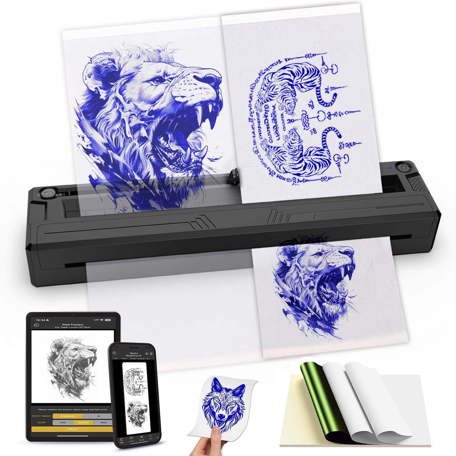 Wireless Tattoo Stencil Printer, Portable Bluetooth Thermal Tattoo Printer with App Custom-Size≤ A4, Print Realistic Portraits, 10 Transfer Papers, Works for Phone/Tablet/PC (Black)