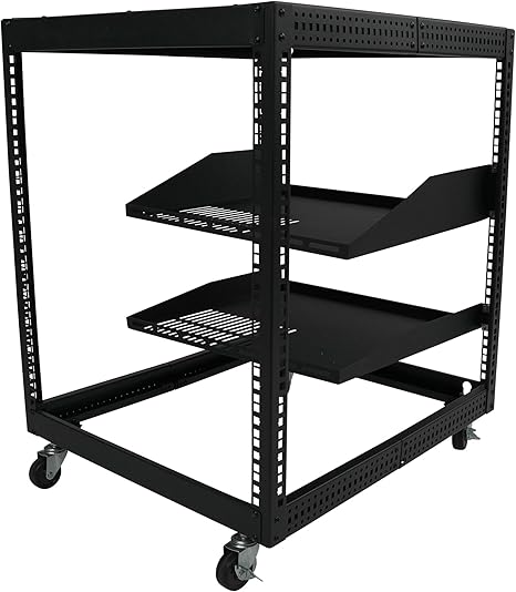 Pearington 12U Open Frame Server Rack, 23''-40'' Adjustable Depth, Free Standing or Wall Mount, 4 Post AV Rack with Casters, Holds Networking IT Equipment AV Gear Router Modem