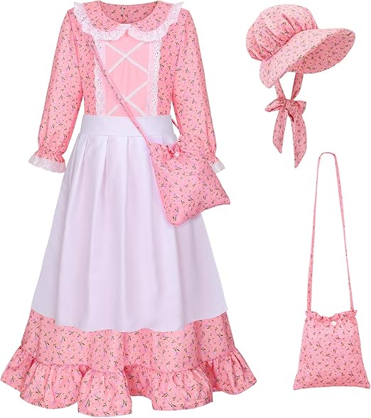 Meland Pioneer Dress for Girls, Colonial Floral Costume with Bonnet Apron & Purse, Dress Up Clothes for Girls Ages 5-13