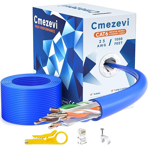 CAT6 Ethernet Cable Bulk 1000FT, 23AWG 550MHz Solid CCA UTP Internet Network LAN Wire, High-Speed CAT-6 Cord with RJ45 Connector Accessories, Pull Box, for Gaming, Computers - 1000 FT, Blue