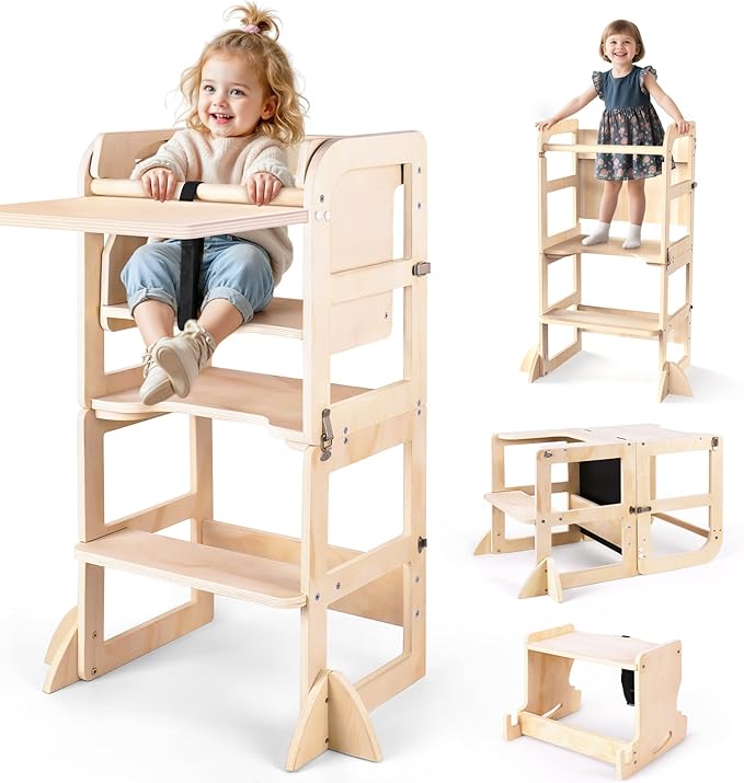 6 in-1 Toddler Kitchen Step Stool with Wooden Stool, Foldable Learning Standing Tower with Blackboard & Feeding Tray, Wooden Kitchen Stool Helper for Kids, 1-3 Year Old Boy Girl Gifts
