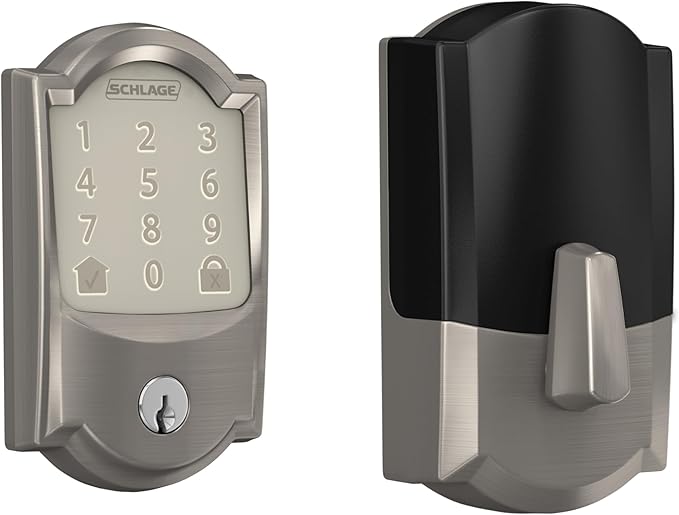 Schlage Encode Smart Wi-Fi Deadbolt Lock with Touchscreen Keypad, Keyless Front Door Entry, App Control, Alexa, Google Home and Airbnb Compatible, Satin Nickel, BE489WB CAM 619