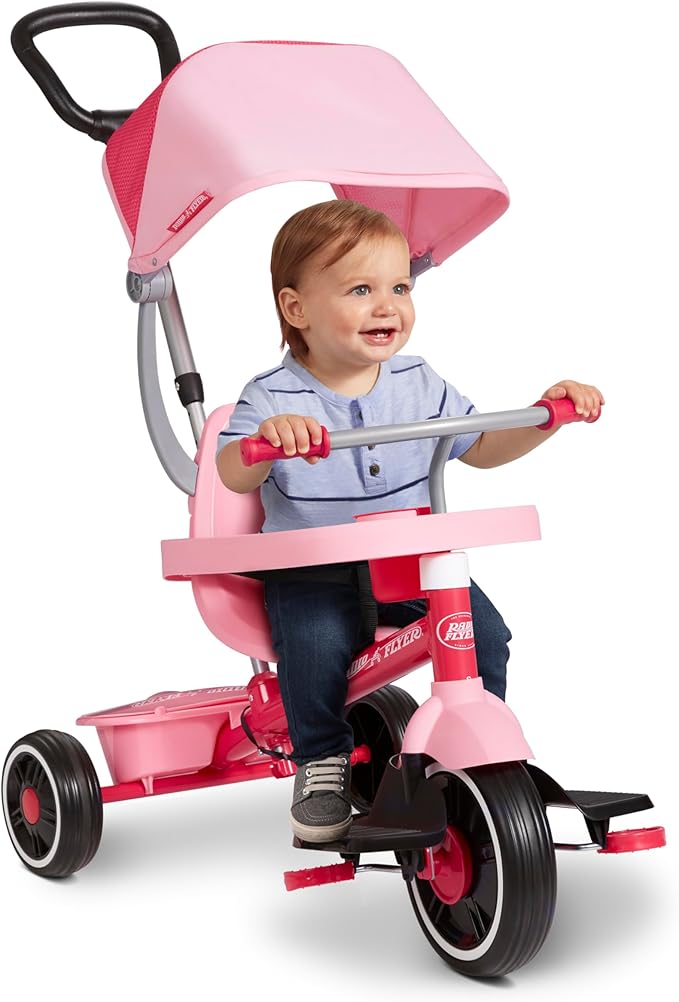 Radio Flyer 4-in-1 Stroll 'N Trike, Ages 1-5, Toddler Tricycle & Stroller, Foam Tires, Push Handle, UV Canopy, Removable Tray, Seatbelt, Amazon Exclusive