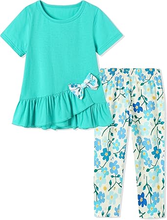Toddler Girl Clothes 2-8Years Girls Outfit, Short Sleeve Ruffle Bowknot Top+Floral Capri Pants 2Pcs Spring Summer Set