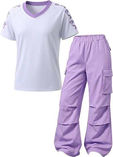 Girls Clothes 2-Piece Bow V-Neck Top & Cargo Pants, Trendy Party/Casual Outfit for Girls 6-14Y