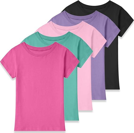 5 Pack Girls Shirts Short Sleeve Shirts for Girls Kids Youth Cotton T Shirts Clothes Tops Summer for Toddler(2T-14Y)