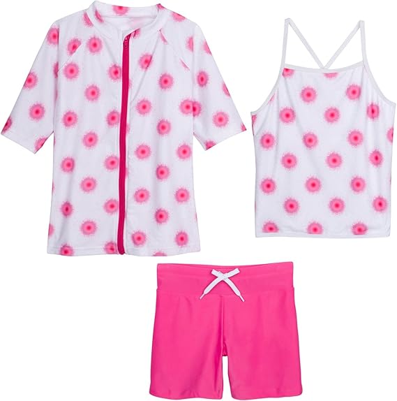 SwimZip Girls' Short Sleeve Rash Guard with Tankini & Bottoms - 10-12 - Daisy