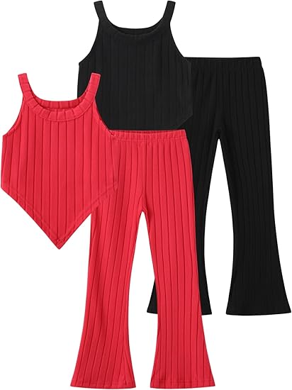 4 Piece Girls Heart-Shaped Clothing Sleeveless Ribbed Tank Tops and Flared Pants Summer Outfit 3-14Y