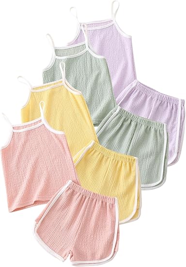 Girls Summer Clothes 4 Piece Cute Outfits Cami Tank Top and Dolphin Shorts Sets for Kid Casual, Dance, Beach