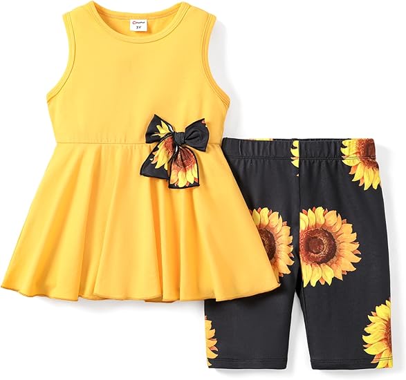 PATPAT Girls Summer 2 Piece Outfits 4-12Y Butterfly Bow Sleeveless Tunic Tops and Floral Print Shorts Cute Clothes