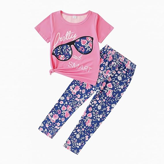 4-7T Kids Toddler Girls Print Outfits Short sleeved Flower Printed Top+Flower Print Pants Set