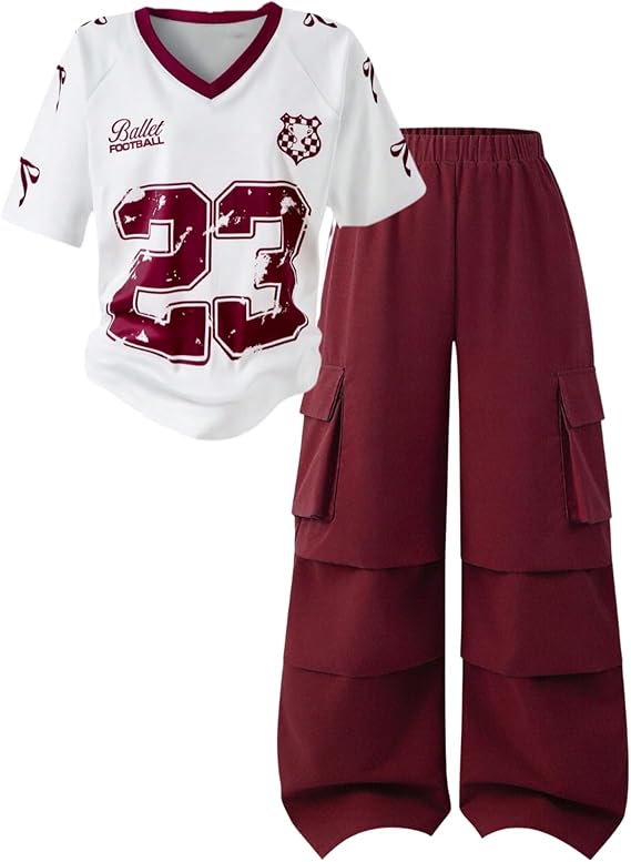 Tween Girls Clothes Short Sleeve Graphic T-Shirt Top + Cargo Pants 2pcs Outfit Set, Size 7-15Years
