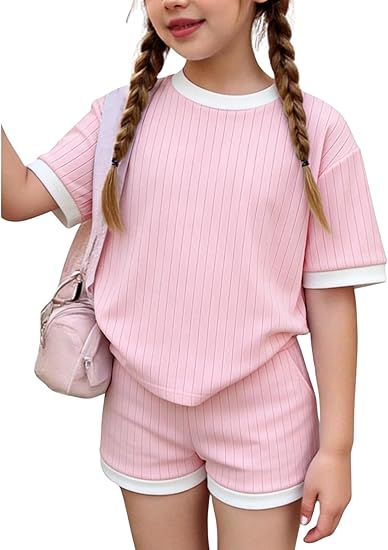 2026 6-12 Years Old Girls 2Pcs Spring Summer Outfits Set Crew Neck Short Sleeve Tops with Pocket Tie-Dye Shorts