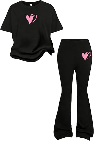 Tween Girls 2PCS Outfit Set 8-13Y Crop Top & Flare Pants with Bowknot and Heart Print Casual Girl Clothes
