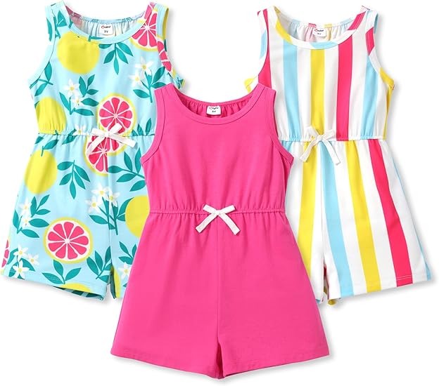 PATPAT Girls 3 Pack Rompers 3-12 Years Floral Summer Rompers Elastic Waist Sleeveless Jumpsuits Cute Outfits