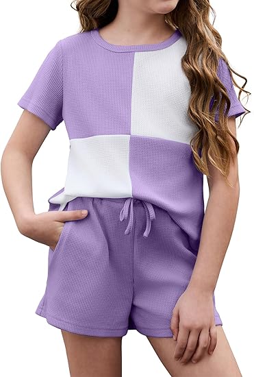 blibean Girls Summer Clothes Sets Kids Waffle Colorblock Outfits Size 6-15 Years
