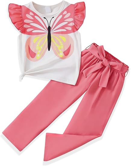 Toddler Kid Girl Clothes Casual Ruffle Sleeve Floral Printed Top Solid Pants with Belt 3PC Outfit Set