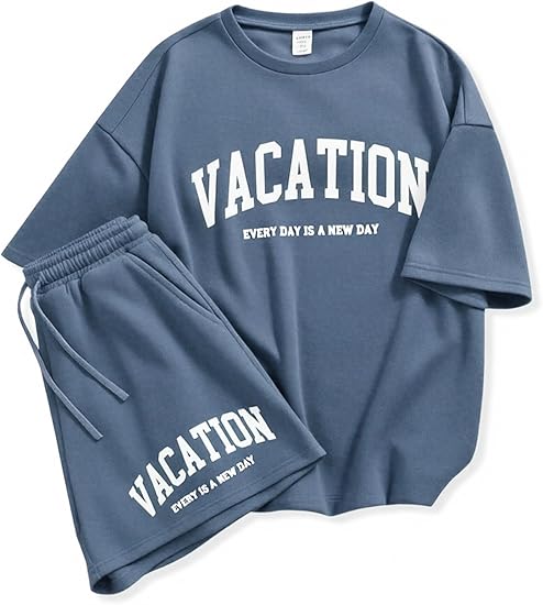 Size 6-12 Years Girl's Tracksuit Sets 2 Piece Outfits Letter Print Vacation Tee Top and Drawstring Waist Shorts