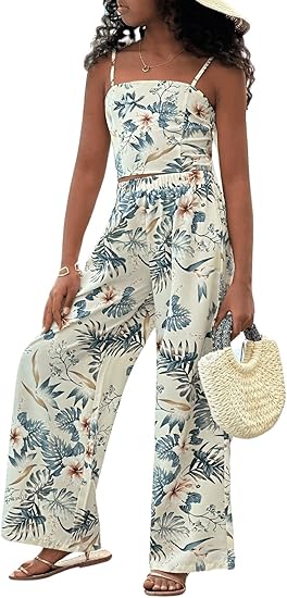 Floerns Girl's 2 Piece Outfit Hawaiian Tropical Crop Cami Tops and Boho Pants Set
