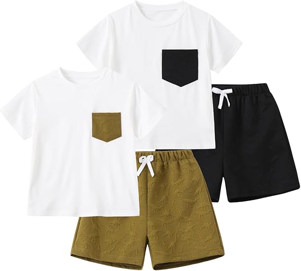 Boys Outfits Summer Short Sleeve Shirts and Elastic Waist Shorts Sets Fashion Dinosaur Print 2 Piece Clothes