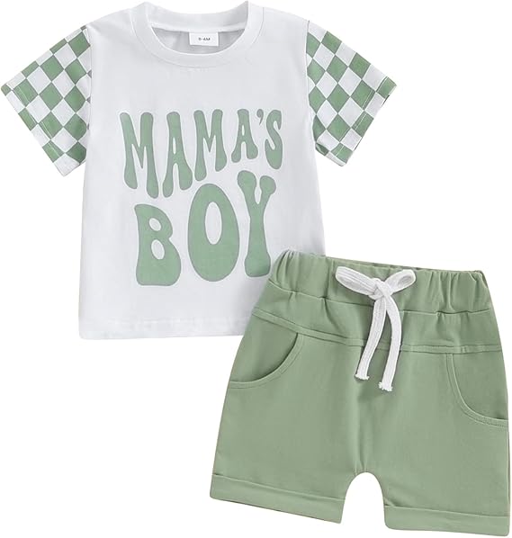 FOCUSNORM Toddler Boys Summer Outfits Mamas Boy Checkerboard Short Sleeve T-Shirts Tops and Elastic Waist Shorts Clothes Sets