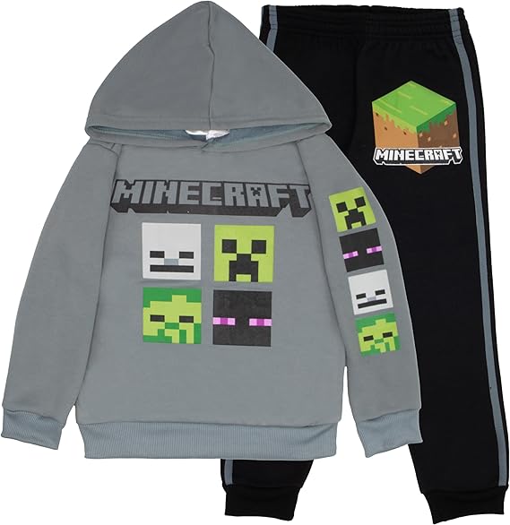 Minecraft Boys 2-Piece Fleece Sweatshirt and Pants Set, Pullover Hoodie and Jogger Bundle for Kids