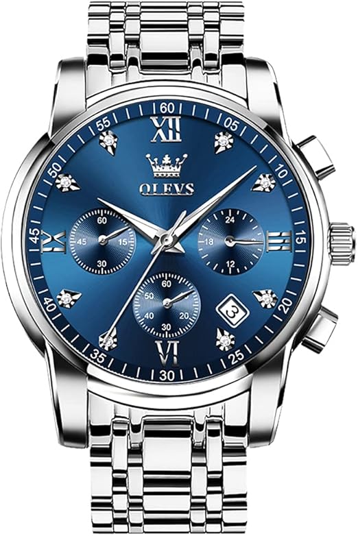 OLEVS Men's Stainless Steel Chronograph Watch, Big Face Gold Silver Black Tone Easy to Read Analog Quartz Watch, Luxury Waterproof Date Diamond Roman Arabic Numerals Dial Dress Watch for Men