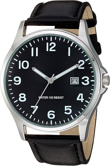 Amazon Essentials Men's Easy to Read 42mm Leather Band Analog Watch