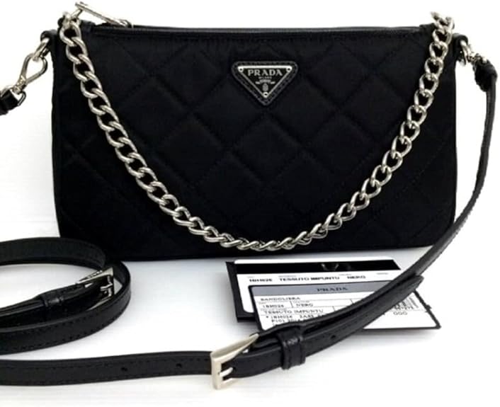 Prada Black Quilted Tessuto Nylon Chain Crossbody Bag Silver Hardware Adjustable Strap Zipper Closure Designer Shoulder Purse New