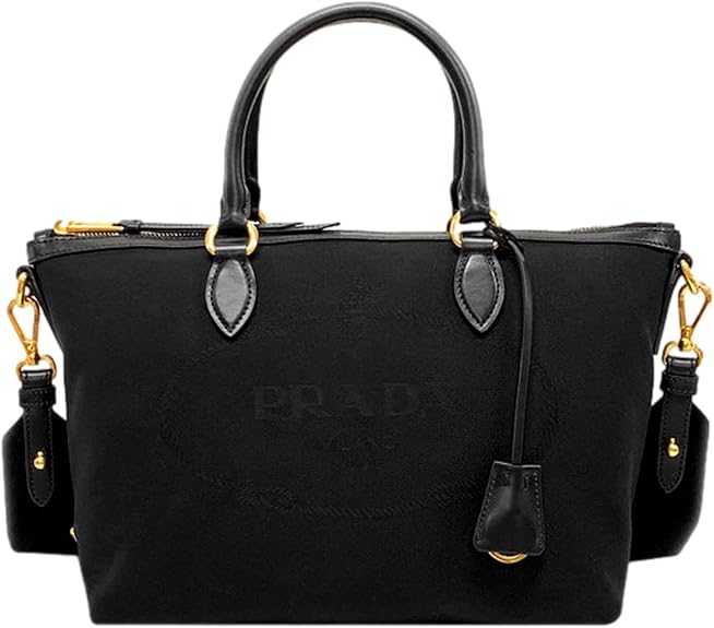 Prada Black Logo Jacquard Canvas Satchel Crossbody Bag with Detachable Strap Magnetic Snap Interior Zip Pocket Made in Italy New